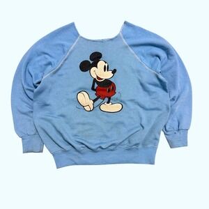 Vintage 80s Classic Mickey Mouse Cartoon Disney world Crewneck Light Blue Mens L